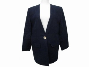 【中古】クリスチャンディオール Christian Dior リネン ノーカラージャケット ブレザー 紺ブレ 肩パッド 紺 M ■WY