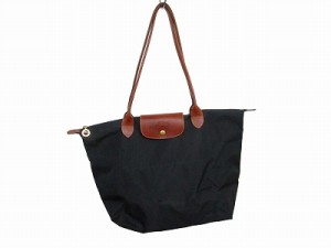 【中古】ロンシャン LONGCHAMP ナイロン トートバッグ ハンドバッグ 折り畳み ロゴジップ ロゴボタン 型押し 黒 ■WY