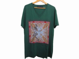 【中古】エトロ ETRO プリント Tシャツ カットソー 半袖 Vネック グリーン系 緑 XLサイズ 0516 メンズ