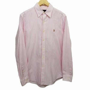 【中古】ポロ ラルフローレン POLO RALPH LAUREN ストライプ オックスフォードシャツ 長袖 ロゴ ピンク SP 約Mサイズ