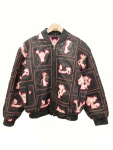 【中古】ピンクパンサー PINK PANTHER レザージャケット ワッペン 総柄 ブラック 4XL メンズ レディース