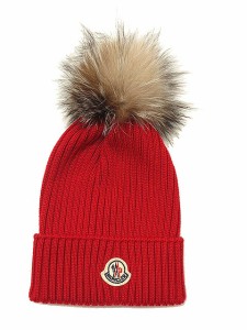 【中古】モンクレール MONCLER BERRETTO ニット帽 リアルファー ポンポン リブ ニットキャップ L レッド 帽子