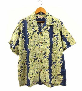 【中古】サンサーフ 東洋 SUN SURF アロハシャツ M品番 パイナップル ボーダー レーヨン ネイビー L メンズ