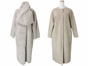 【中古】ハーリップトゥ 美品 22AW フェイクファー リバーシブル ノーカラー コート ロング マフラー付き M IBO49