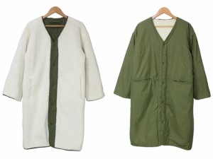 【中古】ヴァンスエクスチェンジ 美品 リバーシブル ボアコート ロング ノーカラー ナイロン M ベージュ カーキ IBO51