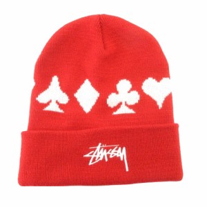 【中古】ステューシー STUSSY 美品 ビーニー ニット帽 帽子 トランプ柄 ロゴ アクリル O/Sサイズ 赤 レッド メンズ