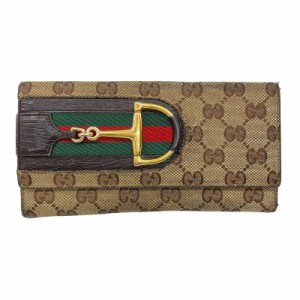 【中古】グッチ GUCCI GGキャンバス 長財布 Wホック ホースビット シェリーライン 137375 茶 ブラウン 緑 赤