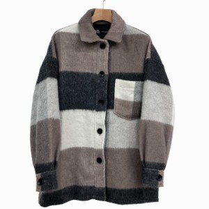 【中古】ザラ ZARA 美品 バック フリンジ チェック シャツ ジャケット ウール混 長袖 ベージュ 白 グレー XS 0218