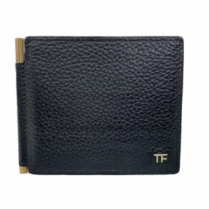 【中古】トムフォード TOM FORD マネークリップ 財布 2つ折り メタルTFロゴ レザー 黒 ブラック ゴールドカラー金具