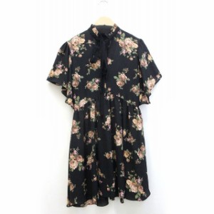 【中古】ザラウーマン ZARA WOMAN ブラウス カットソー チュニック丈 花柄 フリルスリーブ 半袖 XS 黒 /Z レディース