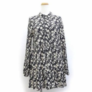 【中古】ザラ ZARA ミニワンピース ブラウス 花柄 ハーフボタン ペプラム 長袖 S 黒 ブラック /Z レディース