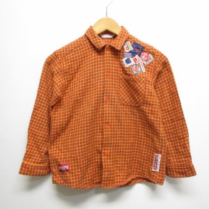 【中古】パーソンズ PERSON'S KID'S チェック柄 長袖 フランネル シャツ 120 オレンジ ワッペン装飾 子供服 キッズ