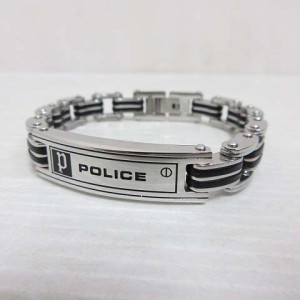 【中古】未使用品 ポリス POLICE CARB ブレスレット バングル ロゴ シルバー ブラック ステンレススチール ケース付き