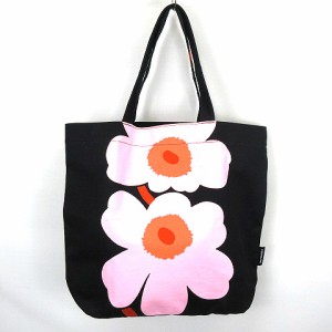 【中古】マリメッコ marimekko ビッグ トート バッグ黒 花柄フラワー プリント Unikko Torna 048318 レディース