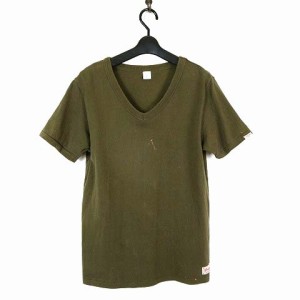 【中古】PRESTONS プレストンズ USAコットン Tシャツ カットソー Vネック 半袖 M カーキ メンズ