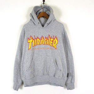 【中古】スラッシャー THRASHER パーカー スウェット オーバーサイズ ロゴ プルオーバー 裏起毛 フード 厚手 M グレー