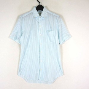 【中古】ダーバン DURBAN シャツ ワイシャツ ストライプ ボタンダウン コットン ブロード 半袖 S 水色ライトブルー 白