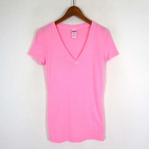 【中古】ヴィクトリアシークレット Victoria's Secret PINK カットソー Tシャツ ロゴ ドッグ Vネック 半袖 XS ピンク