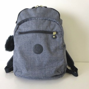 【中古】キプリング KIPLING リュックサック バックパック ロゴ ファー チャーム付 ナイロン キャンバス 紺 白 美品 