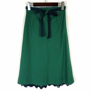【中古】ティアラ Tiara スカート フレアスカート サマーウール 裾 スカラップ レース 刺繍 リボン ベルト M 緑 紺