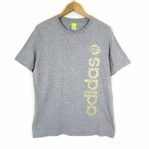 【中古】アディダスネオ adidas neo Tシャツ ロゴ プリント クルーネック 半袖 XL グレー ゴールド 大きいサイズ