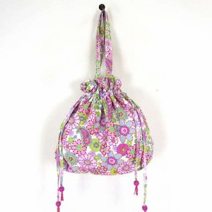 【中古】コキュ COCUE バッグ ショルダーバッグ 巾着 フラワー 花柄 ビーズ装飾 ピンク グリーン 白 鞄 美品