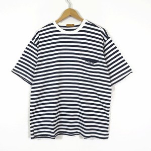 【中古】ランセル LANCEL Tシャツ ボーダー ロゴ 刺繍 ポケット オーバーサイズ 半袖 L 紺 ネイビー 白 ホワイト