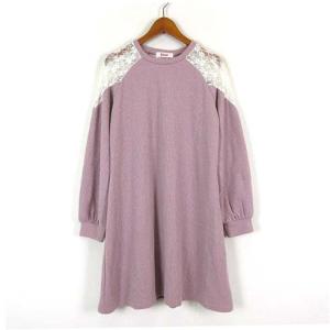 【中古】イングファースト ワンピース ニット リブ 花柄 レース 異素材 切替 長袖 160 ピンク オフ白 女の子