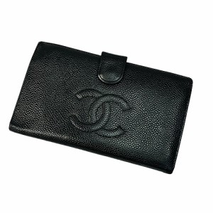 【中古】シャネル CHANEL キャビアスキン ホック長財布 ココマーク 6番台 ヴィンテージ ギャランティカード付 黒 