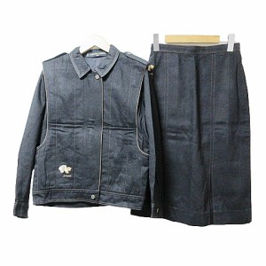 【中古】レオナール Fashion 90S セットアップ スカート スーツ シルク デニム 中綿 ジャケット M 黒 ブラック IBO49