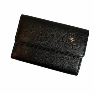 【中古】シャネル CHANEL 美品 カードケース カメリア ココマーク 15番台 レザー フラップ かぶせ 名刺入れ 黒 