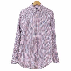 【中古】ラルフローレン RALPH LAUREN チェック ボタンダウン シャツ 長袖 ポニー ワンポイント刺? S 青 赤 白 IBO53 