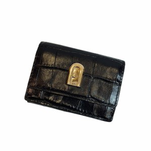 【中古】フルラ FURLA コンパクト 三つ折り財布 クロコ型押し レザー PCW5ACO ウォレット 黒 ブラック  レディース