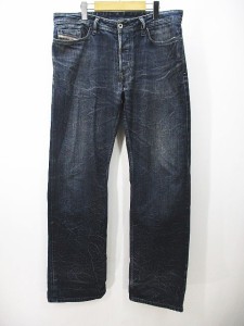 【中古】ディーゼル DIESEL RN93243 CA25594 ロング丈 デニムパンツ ジーンズ ブルー 33/34 ボタンフライ 加工 ラベル