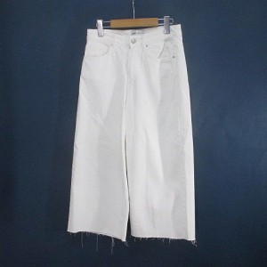 【中古】ザラ ZARA クロップド ワイド デニムパンツ ジーンズ 34 白系 ホワイト ジップフライ ポケット 綿 コットン