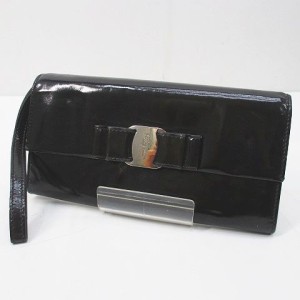 【中古】サルヴァトーレフェラガモ Salvatore Ferragamo 長財布 ヴァラ ブラック 黒系 エナメル レザーイタリア製 レディース