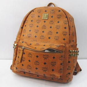 【中古】エムシーエム MCM バックパック リュックサック スタッズ 総柄 キャメル レザー  メンズ レディース