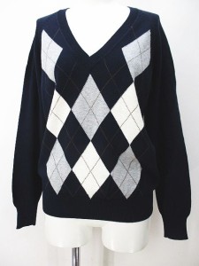 【中古】ザラ ZARA KNIT アーガイル柄 長袖 ニット セーター L 紺系 ネイビー Vネック リブ レディース