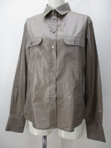 【中古】アクアスキュータム AQUASCUTUM 長袖 シャツ ブラウス M グレージュ 無地 光沢 ボタン 透け感 レディース