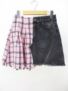 【中古】未使用品 ベルシュカ Bershka ミニ デニム フレアスカート XS/24 グレー ツイード 切替 ダメージ 加工 タグ付