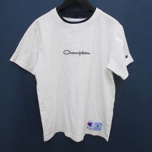 【中古】チャンピオン CHAMPION 半袖 Tシャツ カットソー M 白系 ホワイト ロゴ 文字 刺繍 ワッペン リブ 綿 コットン