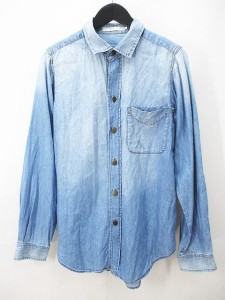 【中古】アズールバイマウジー AZUL by moussy ベーシック basic 長袖 シャツ L 青系 ライトブルー 加工 ボタン メンズ