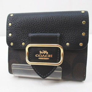 【中古】コーチ COACH 2つ折り財布 スタッズ ゴールド金具 ブラウン 茶系 レザー レディース