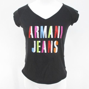 【中古】アルマーニ ジーンズ ARMANI JEANS 半袖 Tシャツ カットソー Vネック 40 黒系 ブラック ストレッチ ロゴ 綿