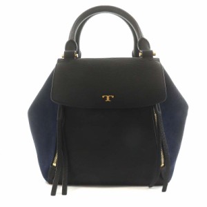 【中古】トリーバーチ TORY BURCH ハーフムーン ハンドバッグ レザー スエード 黒 ブラック 紺 ネイビー