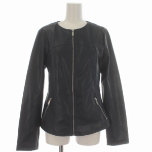 【中古】ザラ ZARA ノーカラージャケット ライダース フェイクレザー ジップフライ 総裏地 無地 S 紺 ネイビー