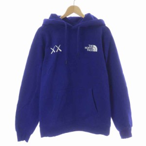 【中古】THE NORTH FACE KAWS PULLOVER HOODIE プルオーバーパーカー 裏起毛 ロゴ刺繍 オーバーサイズ S 青 ブルー