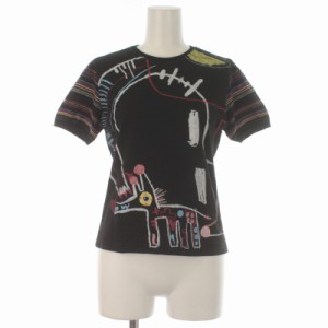 【中古】デシグアル Desigual トリコット袖Tシャツ カットソー 半袖 クルーネック ボーダー柄 プリント S 黒