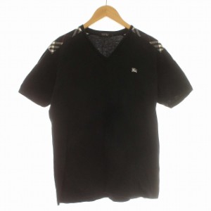 【中古】バーバリーブラックレーベル BURBERRY BLACK LABEL Tシャツ 半袖 Vネック チェック切替 3 L相当 黒