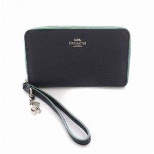 【中古】コーチ COACH F29943 フォンウォレットウィズチャーム 財布 ラウンドファスナー レザー 紺 ネイビー 水色